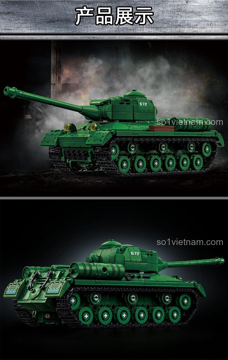 Mô hình xe tăng hạng nặng IS-2 LEQI 66072 màu xanh lá, có 2 minifigures, pháo xoay 360 độ, chi tiết cao, đồ chơi lắp ghép cho bé trai 6 tuổi