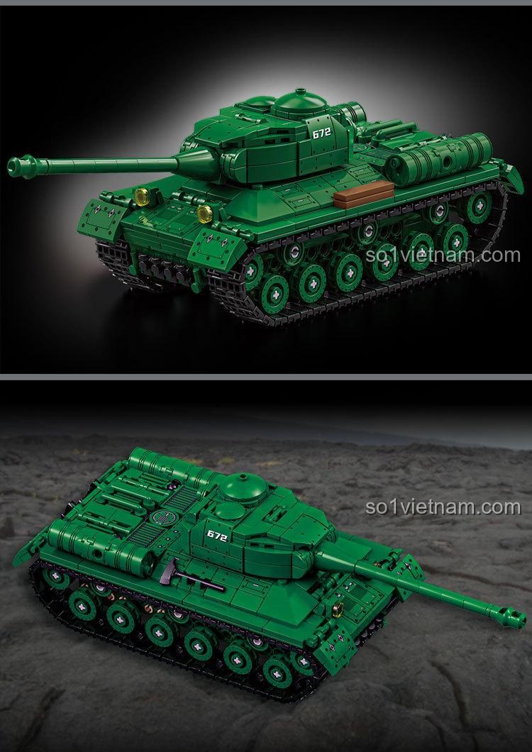 Mô hình xe tăng hạng nặng IS-2 LEQI 66072 màu xanh lá, có 2 minifigures, pháo xoay 360 độ, chi tiết cao, đồ chơi lắp ghép cho bé trai 6 tuổi