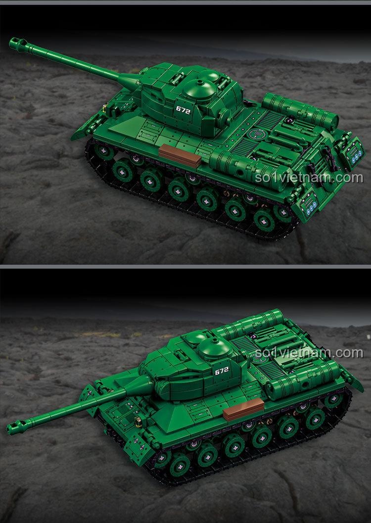 Mô hình xe tăng hạng nặng IS-2 LEQI 66072 màu xanh lá, có 2 minifigures, pháo xoay 360 độ, chi tiết cao, đồ chơi lắp ghép cho bé trai 6 tuổi