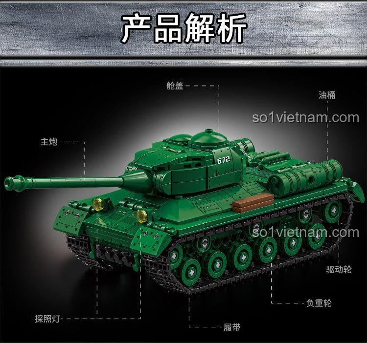 Mô hình xe tăng hạng nặng IS-2 LEQI 66072 màu xanh lá, có 2 minifigures, pháo xoay 360 độ, chi tiết cao, đồ chơi lắp ghép cho bé trai 6 tuổi