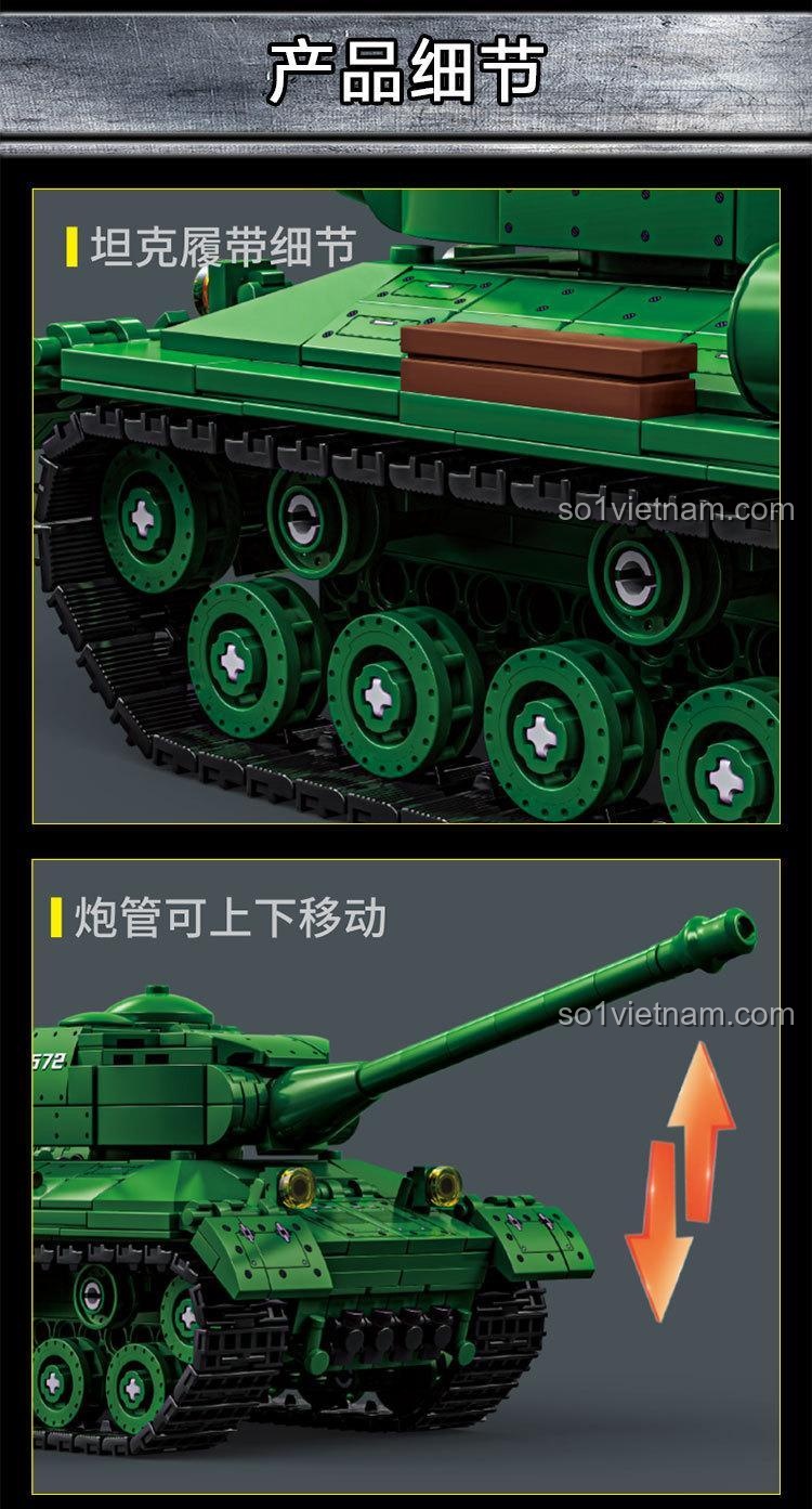 Mô hình xe tăng hạng nặng IS-2 LEQI 66072 màu xanh lá, có 2 minifigures, pháo xoay 360 độ, chi tiết cao, đồ chơi lắp ghép cho bé trai 6 tuổi