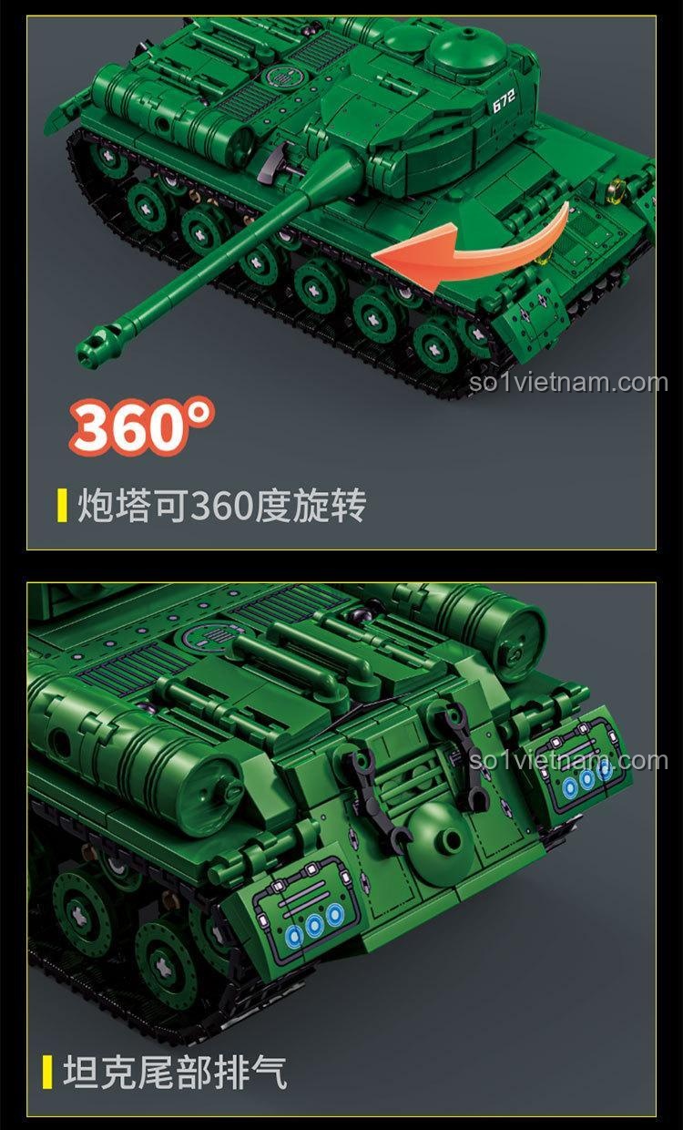 Mô hình xe tăng hạng nặng IS-2 LEQI 66072 màu xanh lá, có 2 minifigures, pháo xoay 360 độ, chi tiết cao, đồ chơi lắp ghép cho bé trai 6 tuổi