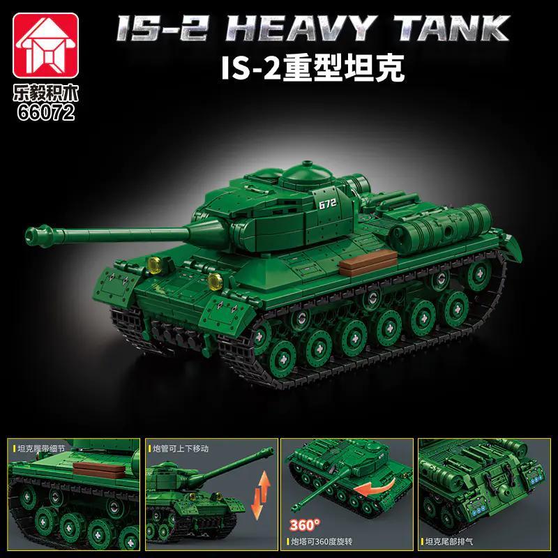 Mô hình xe tăng hạng nặng IS-2 LEQI 66072 màu xanh lá, có 2 minifigures, pháo xoay 360 độ, chi tiết cao, đồ chơi lắp ghép cho bé trai 6 tuổi