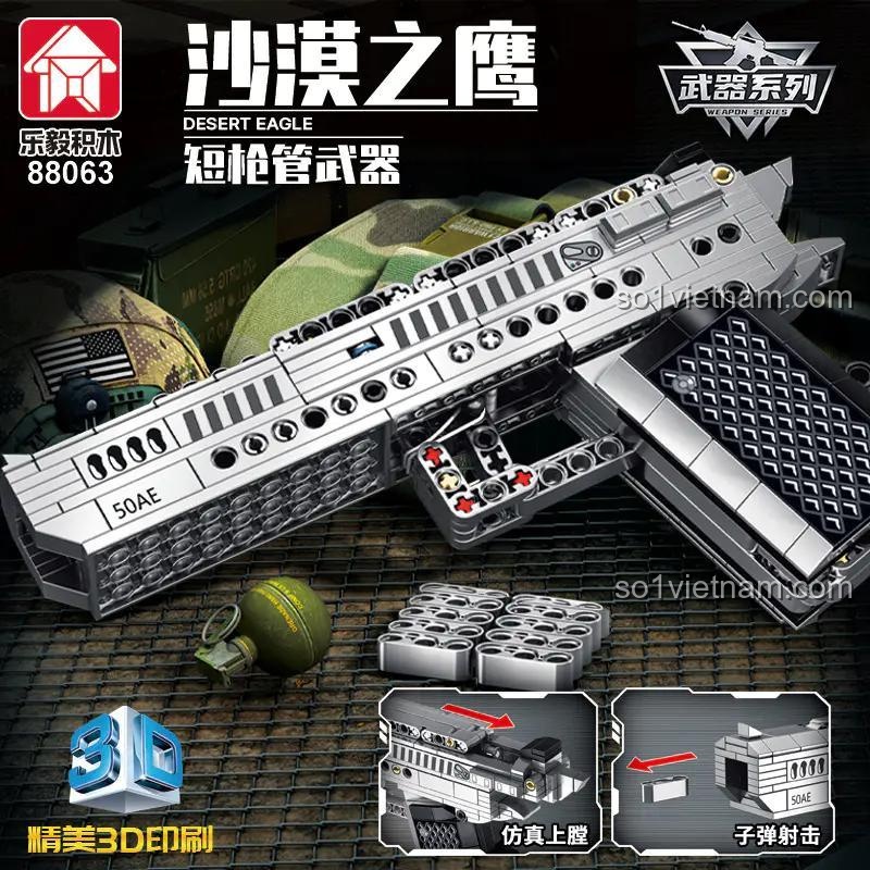 Chi tiết bộ lắp ghép súng lục Desert Eagle LEQI 88063, mô phỏng chân thực, có thể tháo rời băng đạn, cho bé trai 6 tuổi