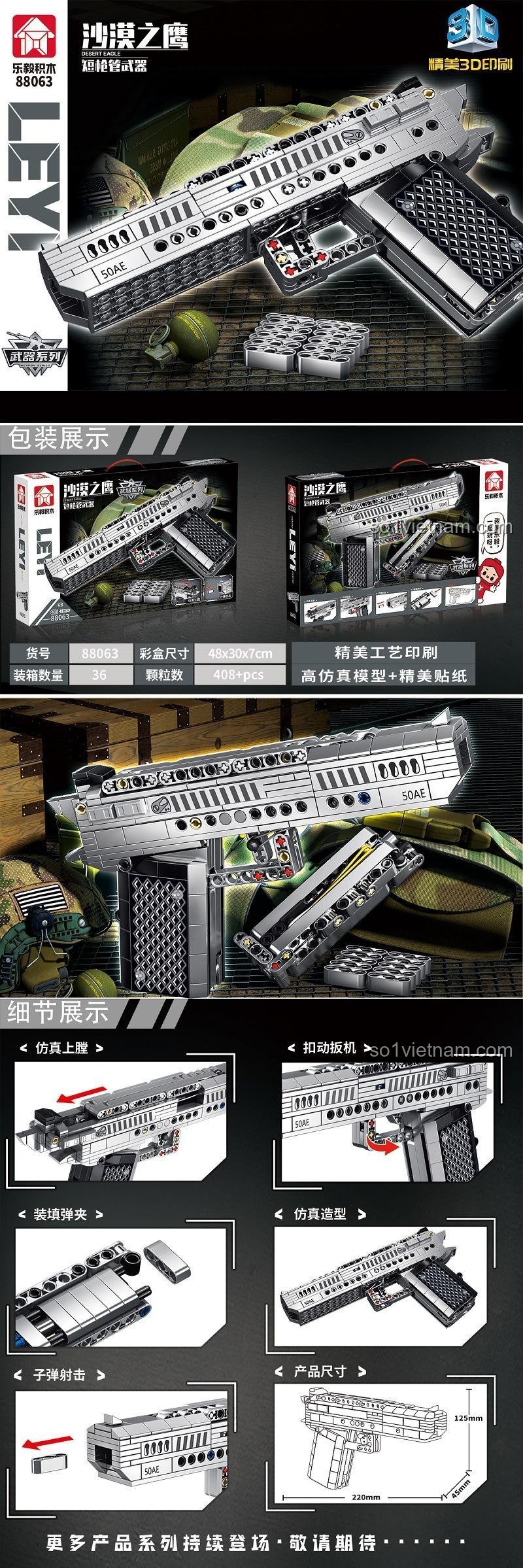 Quá trình lắp ráp bộ đồ chơi súng lục Desert Eagle LEQI 88063, chi tiết cao, màu xám bạc, cho bé trai 6 tuổi