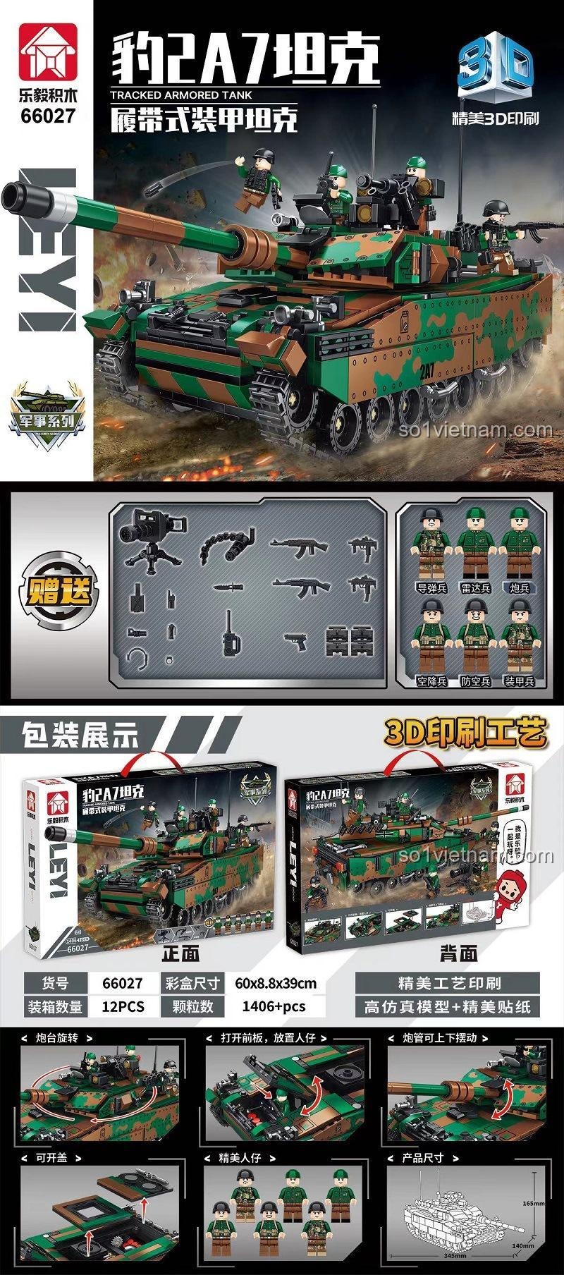 Đồ chơi mô hình LEVI 66027 Xe Tăng Chiến Đấu Leopard 2A7 với 1406 mảnh ghép, có 4 minifigures, thể hiện kích thước mô hình, phù hợp bé trai 6 tuổi.