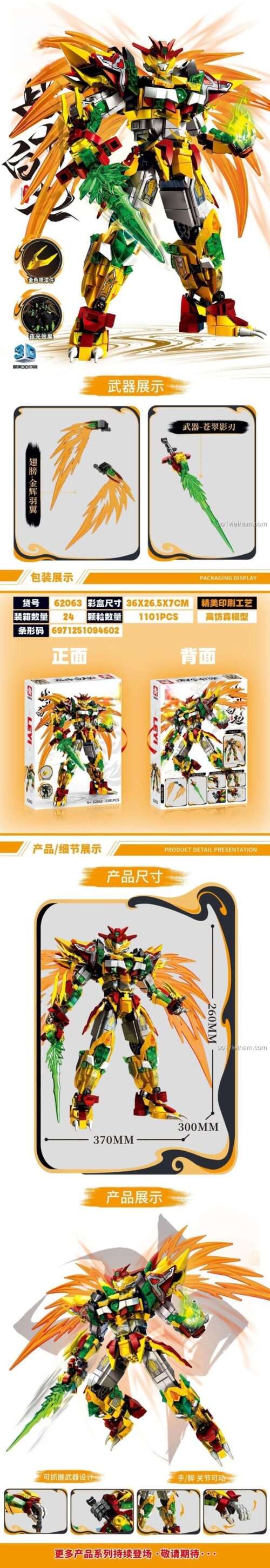 Chi tiết bộ xếp hình LeYi 62063 Mô hình Mecha Bạch Khởi, bao gồm kích thước, vỏ hộp và các bộ phận vũ khí.