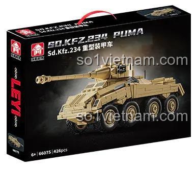 Ảnh chính diện đồ chơi mô hình LEYI 66075 Xe bọc thép Sd.Kfz. 234 PUMA màu vàng cát, phù hợp cho con trai 6 tuổi, giá rẻ.