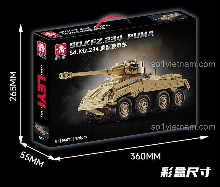 Kích thước hộp sản phẩm bộ lắp ghép xe bọc thép PUMA LEYI 66075 là 36cm x 26.5cm x 5.5cm.