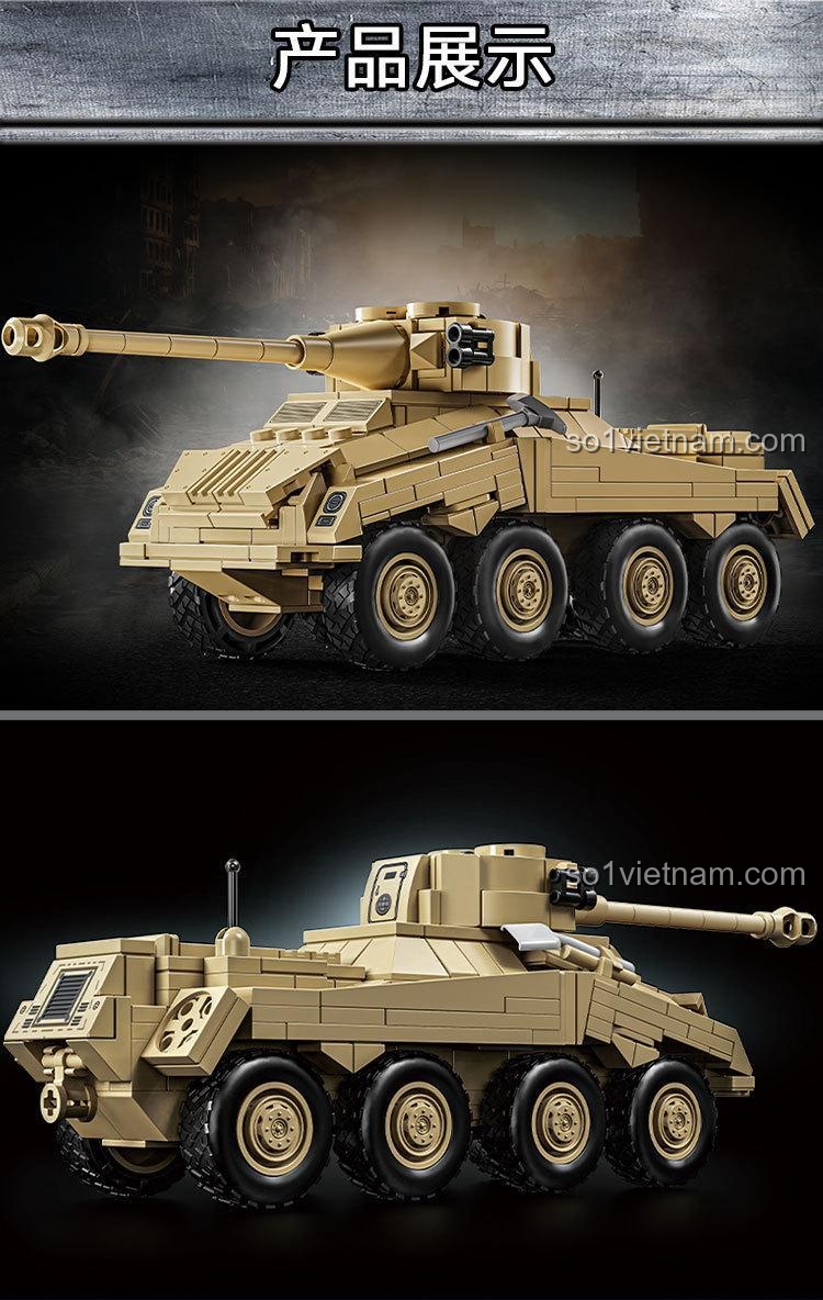 Hai góc nhìn của Mô hình Sd.Kfz. 234 PUMA LEYI 66075, thể hiện chi tiết mặt trước và mặt sau của xe bọc thép.