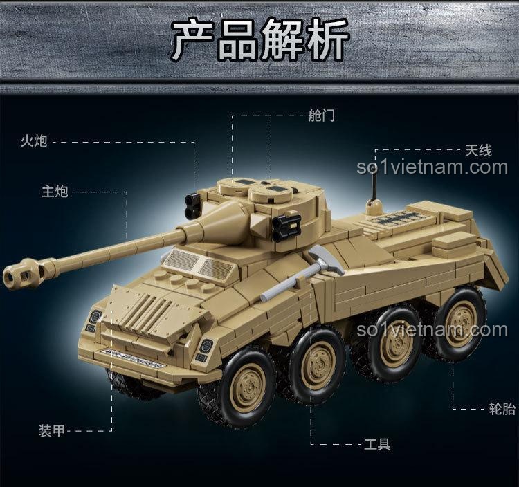 Phân tích các bộ phận chi tiết của đồ chơi mô hình LEYI 66075: pháo, nòng chính, giáp, dụng cụ, lốp xe, ăng-ten.
