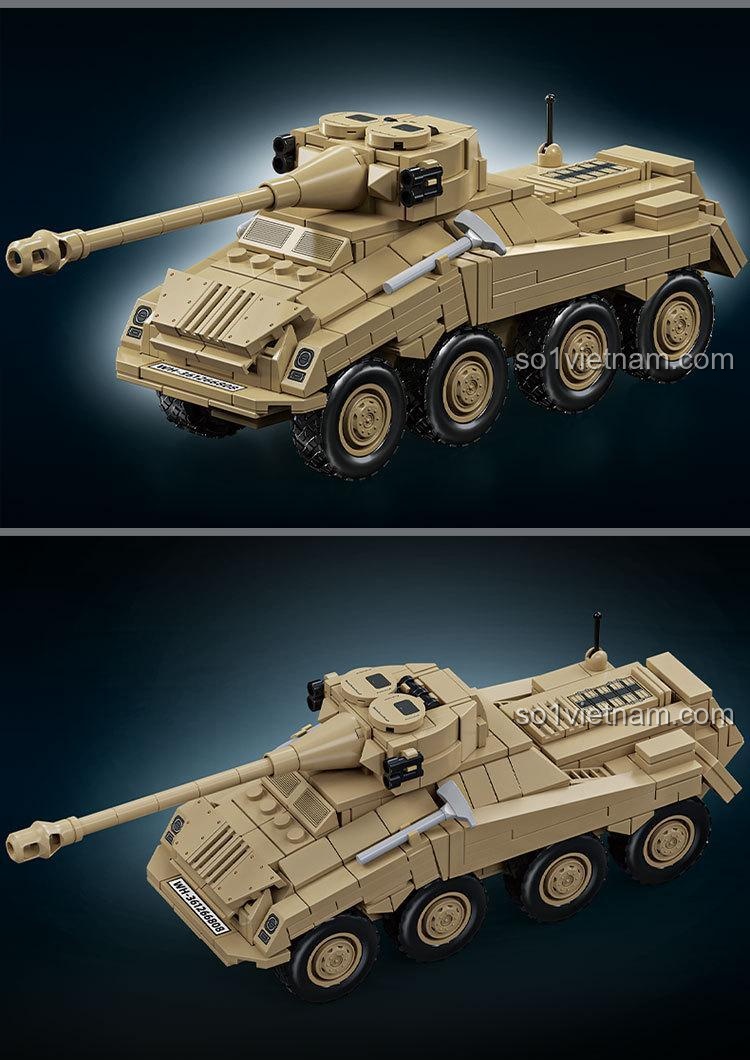 Góc nhìn chéo từ trước và sau của bộ lắp ráp 66075 Xe bọc thép PUMA Thế chiến II, cho thấy thiết kế tổng thể.