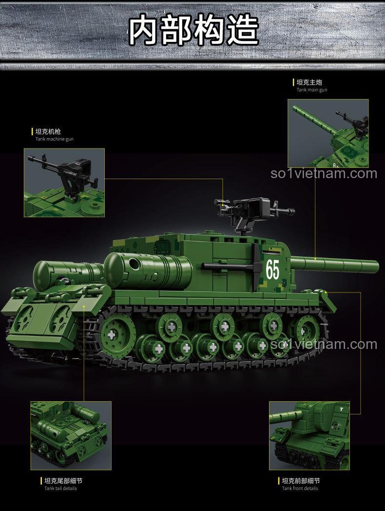 Phân tích các bộ phận của bộ đồ chơi quân sự Zveroboy ISU-152: súng máy, thùng dầu, pháo chính, giáp, dụng cụ, bánh dẫn động, bánh chịu tải, xích.