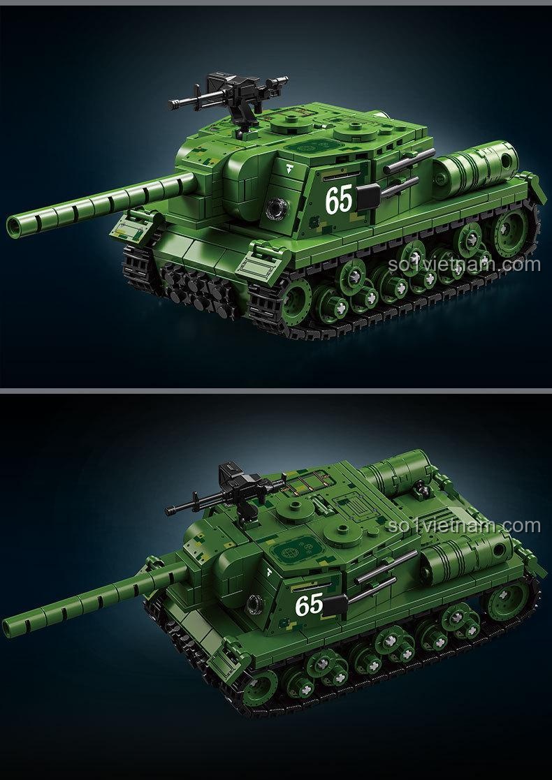 Hình ảnh trưng bày sản phẩm bộ lắp ráp LEYI Pháo chống tăng ISU-152 nhìn từ phía trước và phía sau, thể hiện độ chi tiết cao của mô hình.