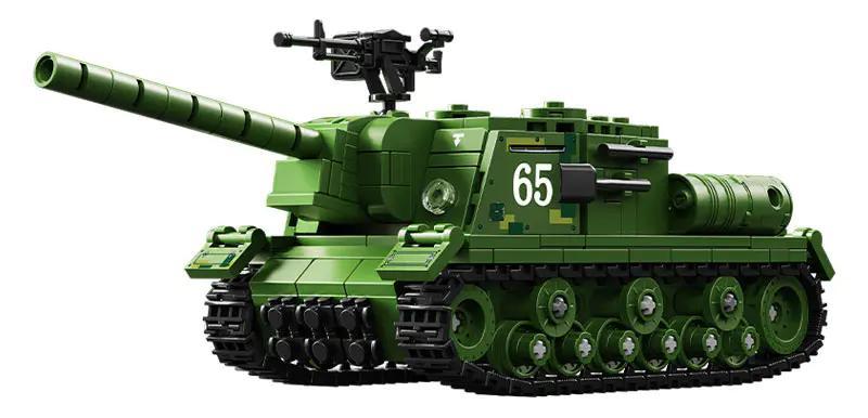 Poster quảng cáo bộ đồ chơi quân sự Zveroboy ISU-152 66076, nhấn mạnh các đặc tính: ghép nối chặt, vật liệu thân thiện môi trường, lắp ráp chắc chắn, phát triển trí tuệ.