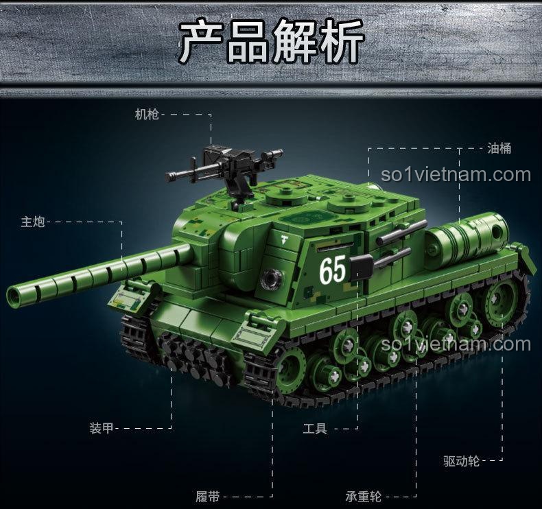 Ảnh chụp đồ chơi mô hình LEYI 66076 Pháo Tự Hành Hạng Nặng ISU-152 từ trên cao, cho thấy cách bố trí các bộ phận trên nóc xe.