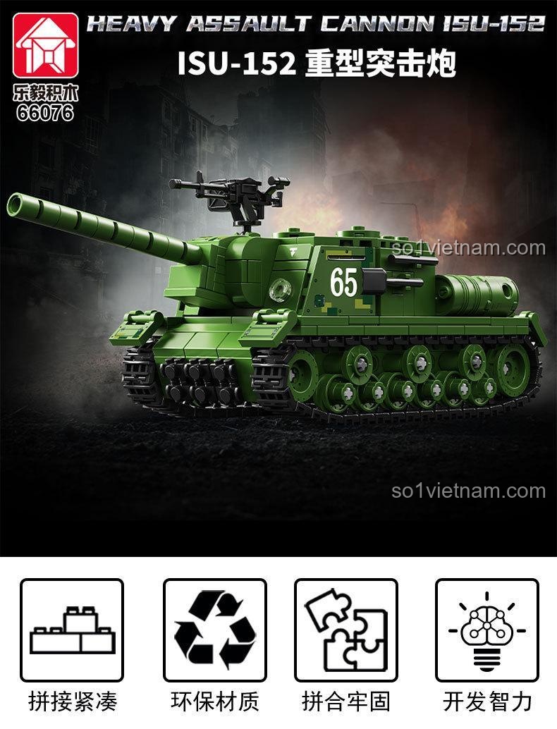 Hình ảnh hộp sản phẩm bộ lắp ghép Pháo Tự Hành Hạng Nặng ISU-152 của LEYI 66076, gồm 538 chi tiết, phù hợp cho con trai trên 6 tuổi.