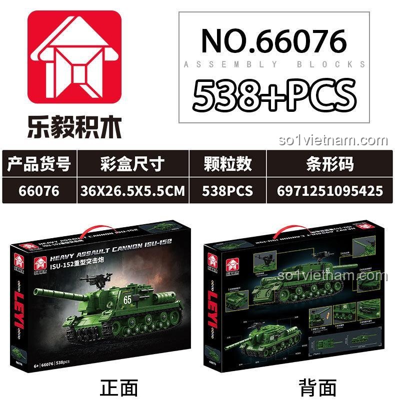 Kích thước chi tiết của mô hình pháo tự hành ISU-152 (235x85x90 mm) và hộp sản phẩm (360x265x55 mm) của bộ LEYI 66076.