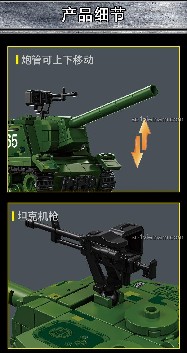Chi tiết cấu trúc bên trong của mô hình LEYI 66076: pháo chính, súng máy, chi tiết đuôi xe và chi tiết đầu xe.