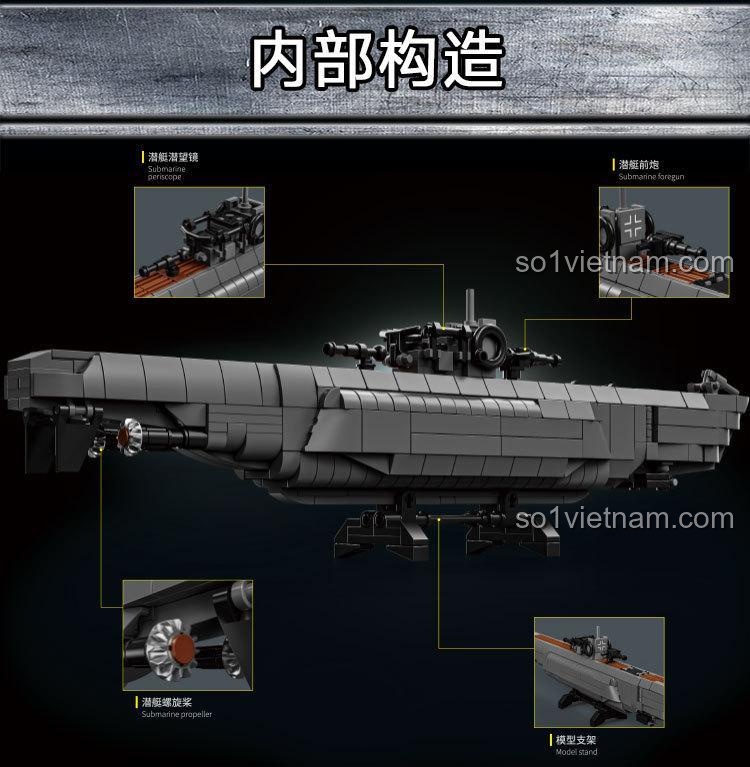 Phân tích các bộ phận của sản phẩm LEYI 66078 Tàu ngầm U-boat: radar, tháp chỉ huy, pháo trước, pháo sau, cửa ngư lôi, chân vịt, giá đỡ, đuôi tàu, mỏ neo.