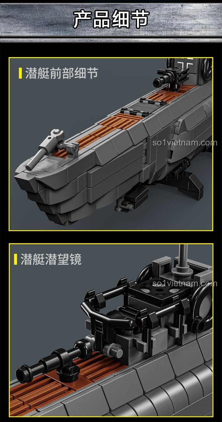 Cấu trúc bên trong và các chi tiết của mô hình Tàu ngầm Kriegsmarine 66078: kính tiềm vọng, pháo trước, chân vịt và giá đỡ.