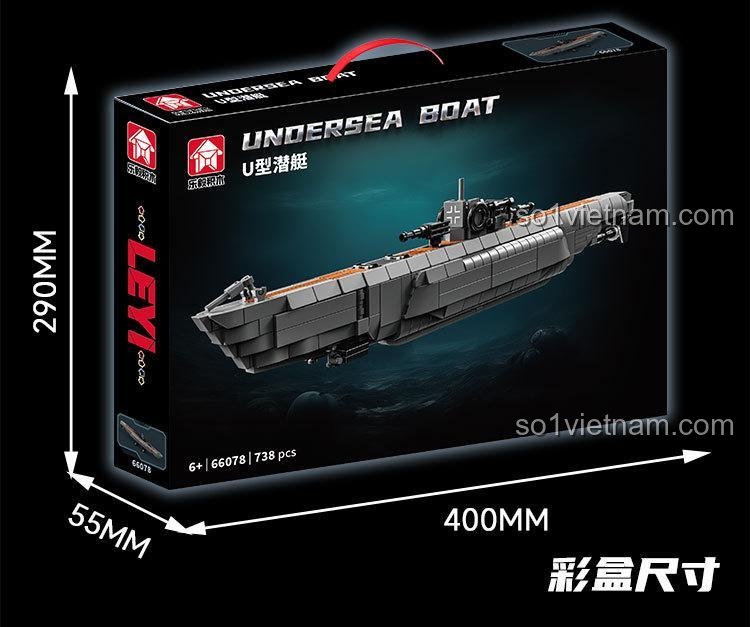 Kích thước hộp sản phẩm bộ lắp ráp Tàu ngầm U-boat LEYI 66078 là 40cm x 29cm x 5.5cm.