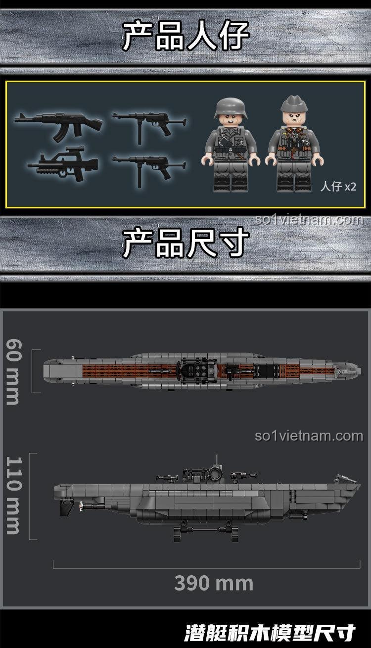 Chi tiết sản phẩm LEYI 66078: nắp hầm có thể mở và phần đuôi tàu với chân vịt và bánh lái.