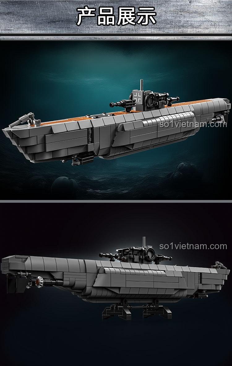 Poster quảng cáo bộ đồ chơi Tàu ngầm quân sự Đức LEYI 66078, thể hiện vẻ ngoài hùng dũng và hộp sản phẩm.