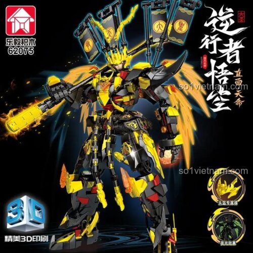 Bộ lắp ghép Leyi Blocks 62075 Tôn Ngộ Không Cơ Giáp với hiệu ứng phát sáng đêm và chi tiết in 3D tinh xảo, đáng tiền cho bé trai 6 tuổi.