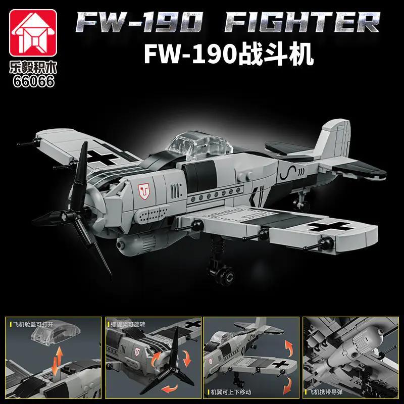 Bộ đồ chơi máy bay chiến đấu FW-190 LeYue 66066, mô hình máy bay quân sự chi tiết, cánh quạt xoay, cánh máy bay di chuyển, tên lửa tháo rời, khoang lái mở, đồ chơi giáo dục cho bé trai 14 tuổi