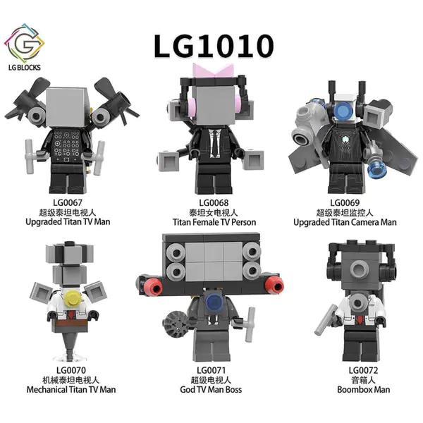 Bộ lắp ghép LGBLOCKS LG1010 gồm 6 nhân vật Skibidi Toilet độc đáo, bao gồm Titan TV Man, Titan Female TV Person, Titan Camera Man, Mechanical Titan TV Man, God TV Man Boss, và Boombox Man. Phù hợp cho bé trai 14 tuổi yêu thích thế giới Skibidi Toilet.
