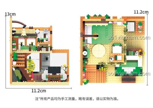 Kích thước mô hình LHCX 201 Ngôi nhà Giấc mơ, bộ lắp ghép mini block, chiều dài 11.2cm, chiều rộng 11.2cm, chiều cao 13cm, phù hợp cho bé gái 8 tuổi