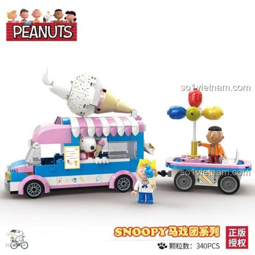 Bộ lắp ghép Snoopy Xe Kem LN8039 của LiNooS, có logo Peanuts và minifigure Snoopy