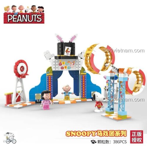 Bộ đồ chơi Snoopy Rạp xiếc LN8040, 375 mảnh ghép, có logo Peanuts, nhân vật Snoopy, Charlie Brown và Lucy, mô phỏng rạp xiếc