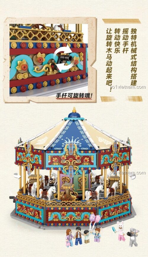 Hình ảnh các minifigure vui chơi cùng bộ xếp hình LOZ 1059. Vòng quay ngựa gỗ công viên giải trí 1059 tái hiện khoảnh khắc hạnh phúc tuổi thơ.