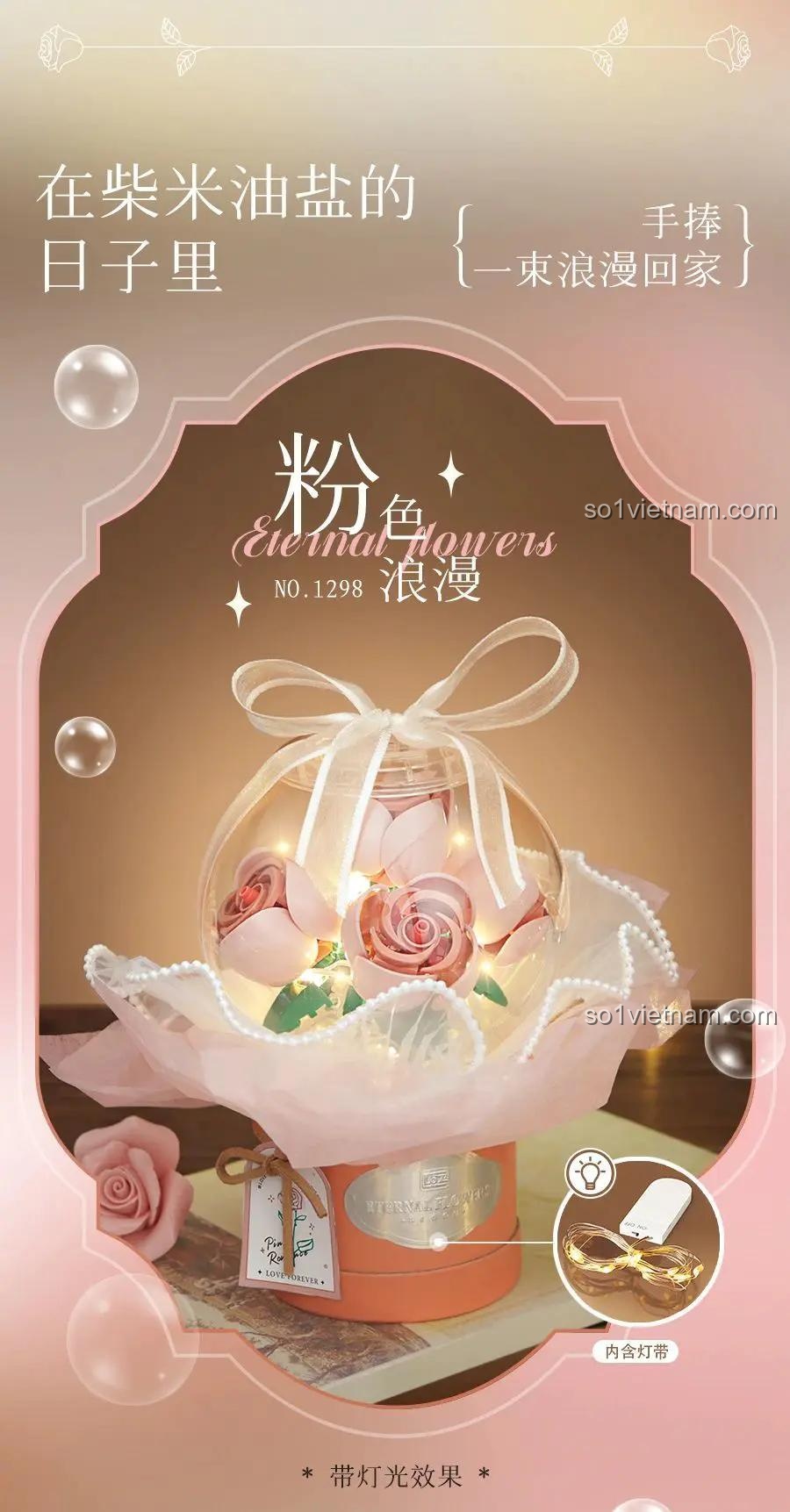 Bộ lắp ghép LOZ 1298 Bó Hoa Hồng Hồng Lãng Mạn đã lắp ráp