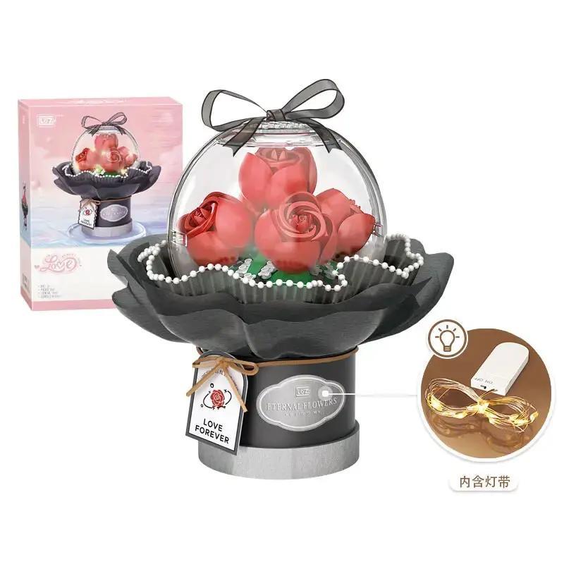 Bó hoa hồng đỏ vintage LOZ 1300 với đèn LED lung linh, quà tặng ý nghĩa cho phái nữ