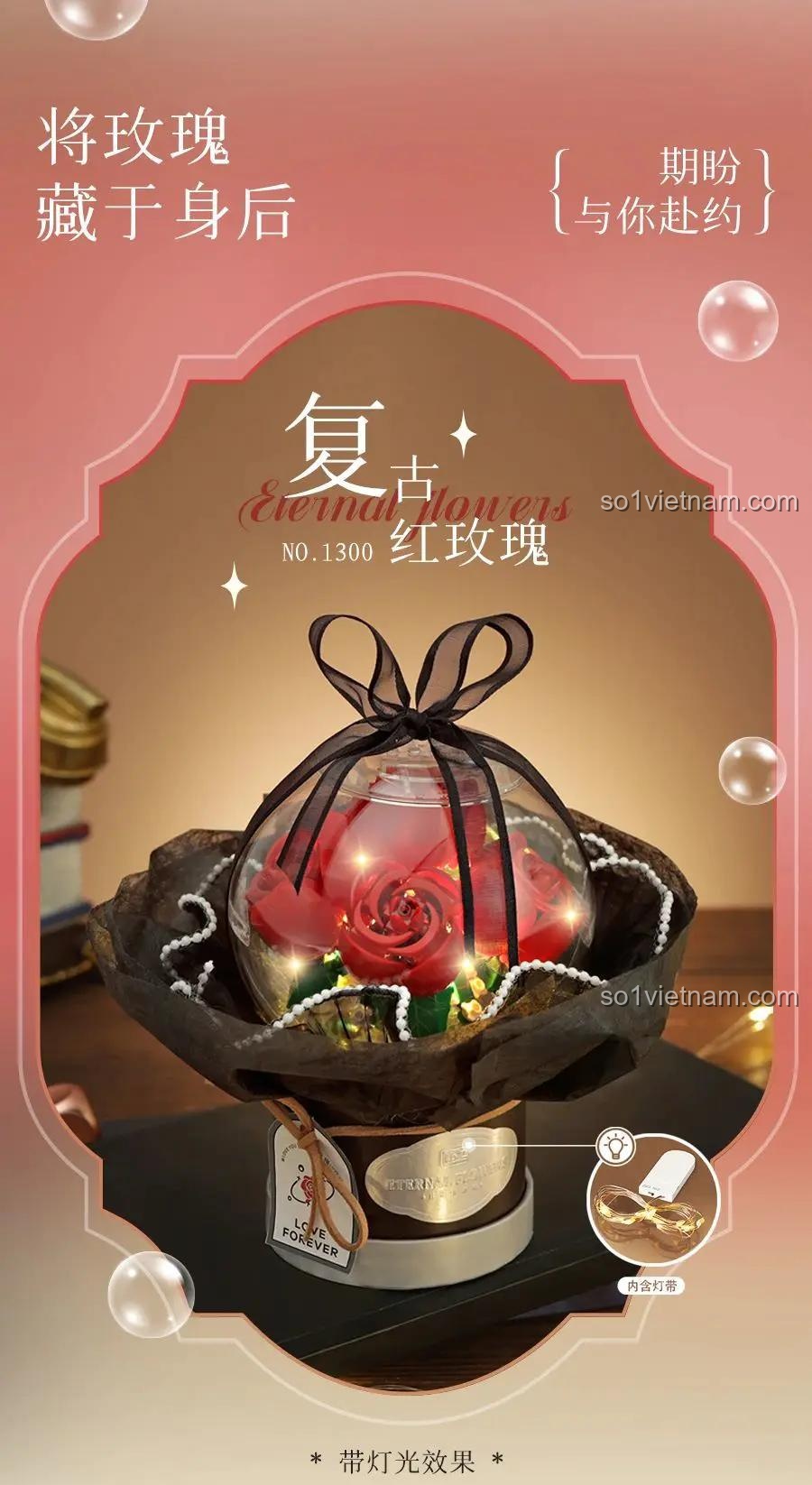 Chi tiết lắp ráp bó hoa hồng đỏ vintage LOZ 1300