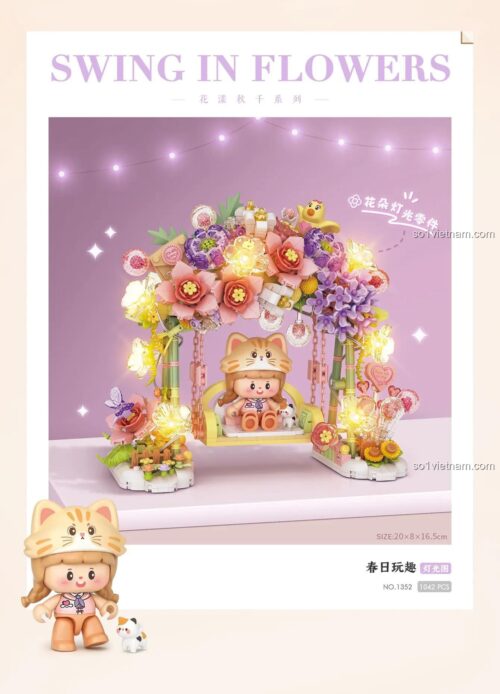 LOZ 1352 Bộ lắp ghép Hoa Hướng Dương: Vui Xuân, Xích đu hoa có đèn LED, 1042 mảnh, Kích thước 20x8x16.5cm, Độ tuổi 6+, Dành cho bé gái, Mô hình trang trí lung linh, Búp bê dễ thương