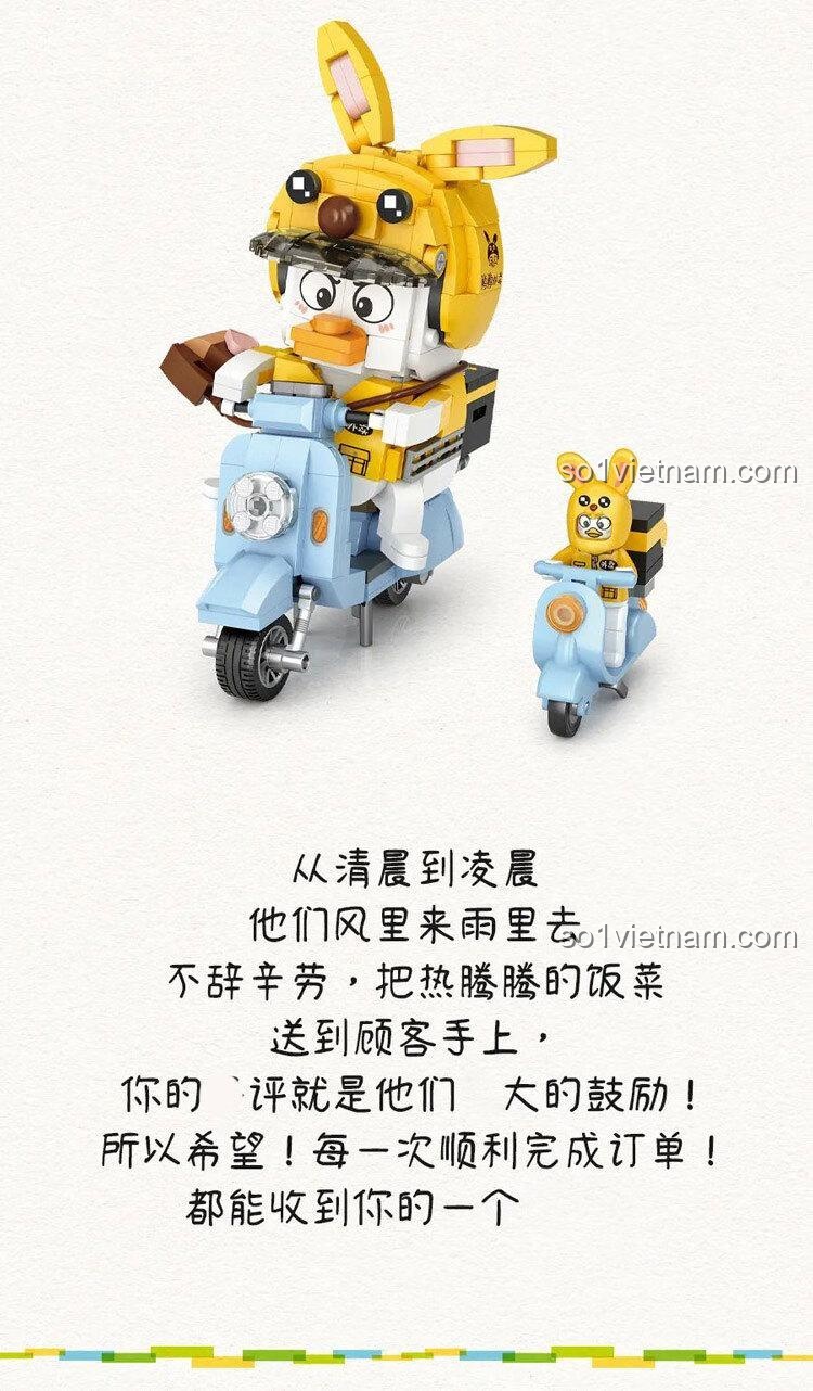 Vịt Yaya Shipper LOZ 1676 với mũ thỏ và xe scooter, đồ chơi lắp ráp mini block mô tả cuộc sống shipper, giá tốt