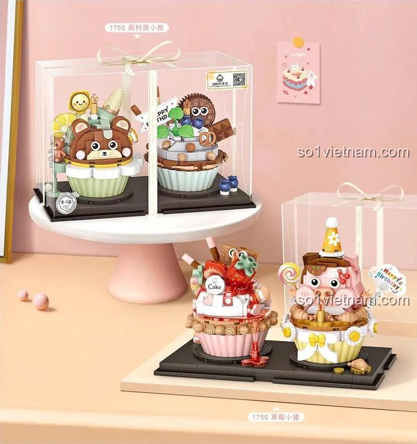 đồ chơi lắp ghép LOZ 1756 Bánh Cupcake Dâu Tây Hình Heo Con, mô hình mini block chất lượng cao, phát triển khéo léo cho bé gái 8 tuổi