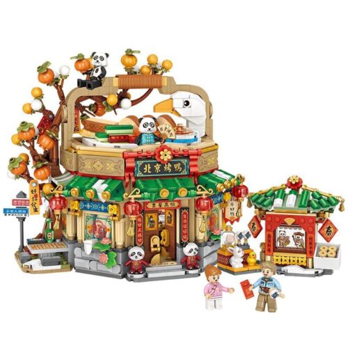 Toàn cảnh bộ lắp ghép Tiệm Vịt Quay Bắc Kinh LOZ 1955 với các nhân vật minifigure, một món đồ chơi mô hình giá rẻ cho bé gái 10 tuổi.