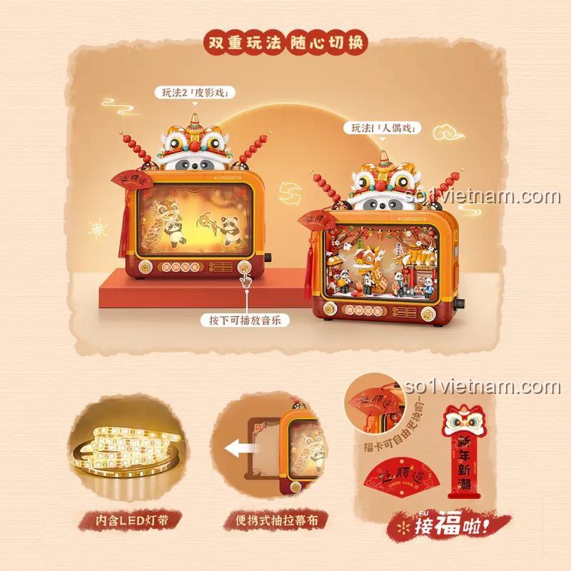 Bộ Lắp Ghép Tivi Cổ LOZ 1966 Sư Tử Múa Xuân & Múa Rối - Nhân vật Gấu Panda