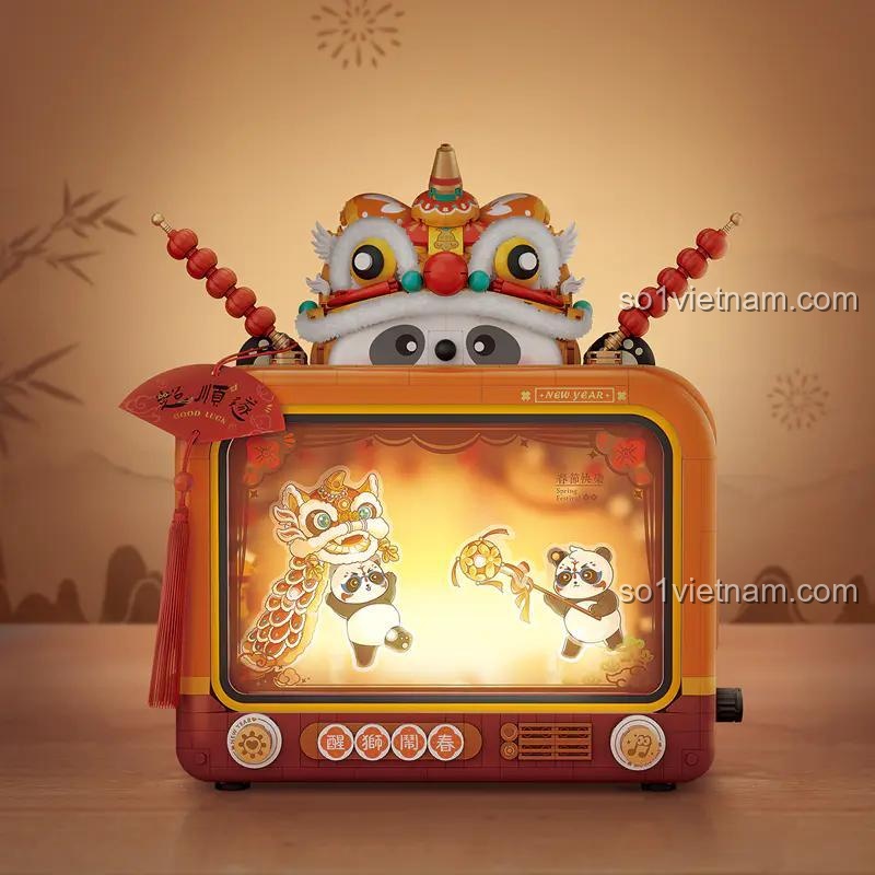 Bộ Lắp Ghép Tivi Cổ LOZ 1966 Sư Tử Múa Xuân & Múa Rối - Cảnh Lễ Hội Tết
