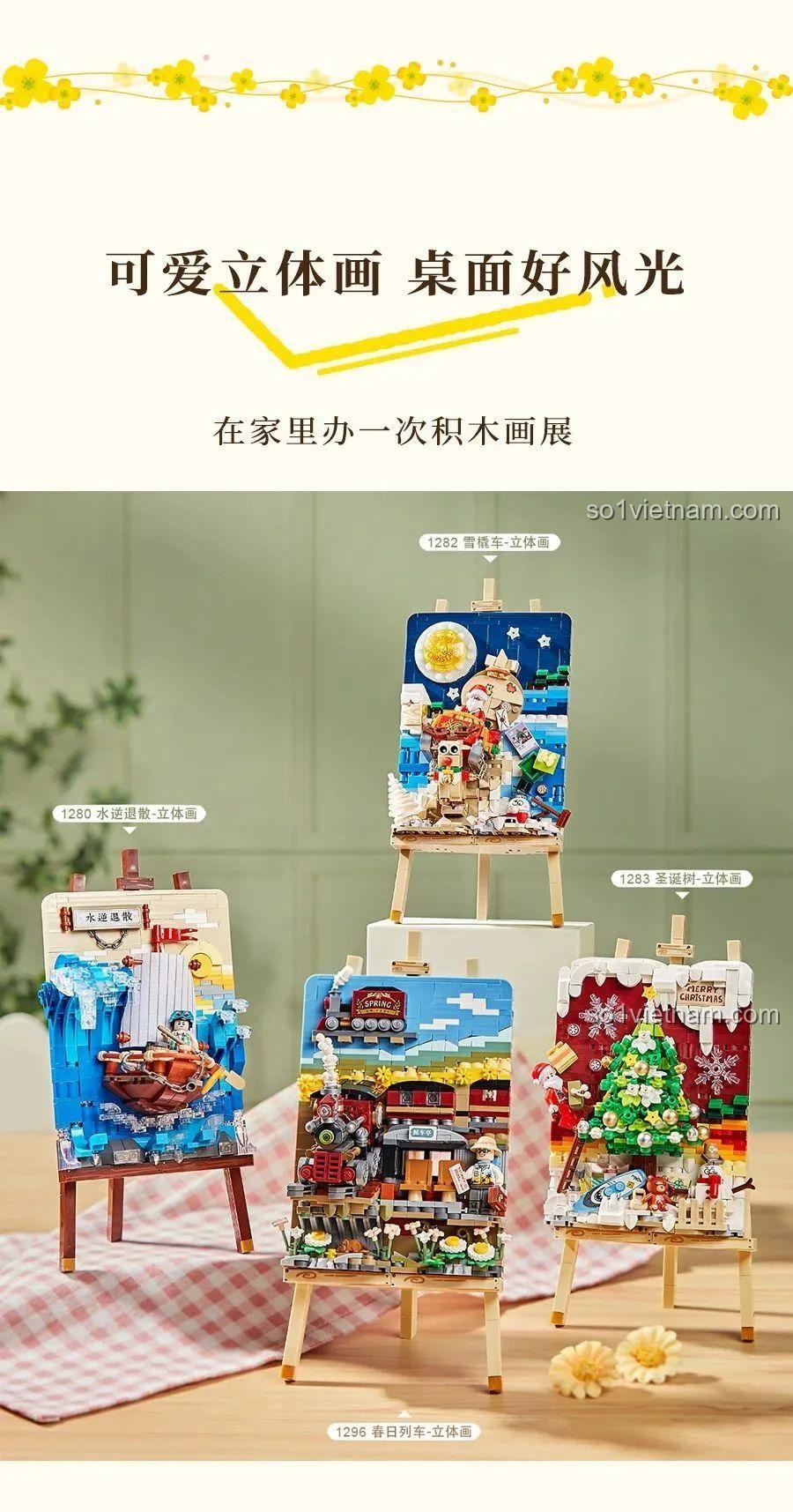 đồ chơi giáo dục Mô hình giá vẽ chuyến tàu LOZ 1296, bộ sưu tập tranh xếp hình 3D LOZ, bao gồm chuyến tàu mùa xuân, tàu tuyết, thị trấn nước, cây thông Noel, giá trị cao.