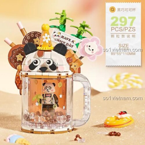 Kích thước chi tiết của đồ chơi mô hình Ly Gấu Trúc Sô Cô La LOZ, gồm 297 mảnh ghép mini block.