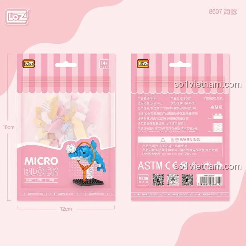 Hộp sản phẩm LOZ 8607 Cá Heo, bộ lắp ghép 8607, kích thước hộp 18x12cm, phù hợp 14+ tuổi, giá tiết kiệm