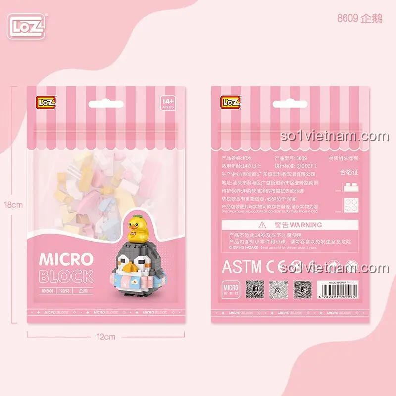 Kích thước hộp bộ lắp ghép LOZ 8609 Chim cánh cụt, đồ chơi xếp hình LOZ 8609, chất liệu nhựa ABS an toàn, phù hợp bé 14 tuổi.