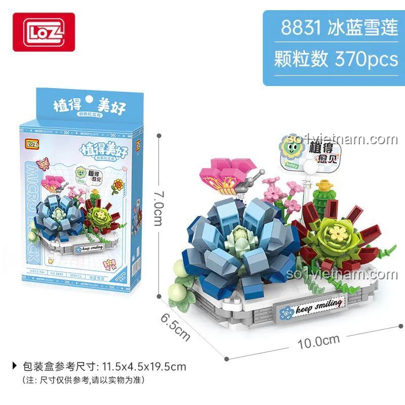 LOZ 8831 Bộ Lắp Ghép Hoa Băng Lam Tuyết Kích thước mô hình và hộp đựng