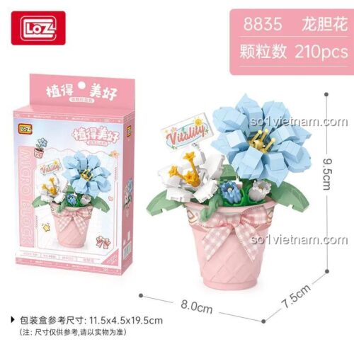 Hộp sản phẩm LOZ 8835 Chậu hoa Long Đởm và mô hình hoa lắp ghép, kích thước hộp 11.5x4.5x19.5cm, mô hình 8x7.5x9.5cm, 210 mảnh